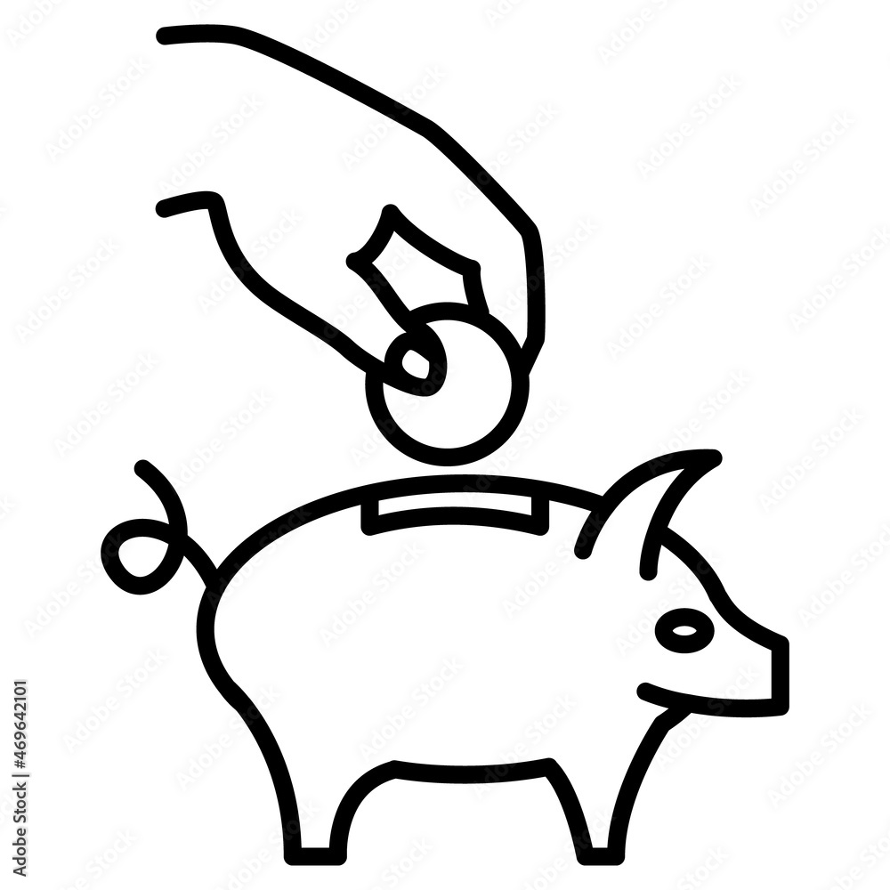 Accumulation of money, making a profit. A hand with a coin over a piggy bank. Vector icon, outline, isolated. Accumulation of money, making a profit. A hand with a coin over a piggy bank. Vector icon, outline, isolated.