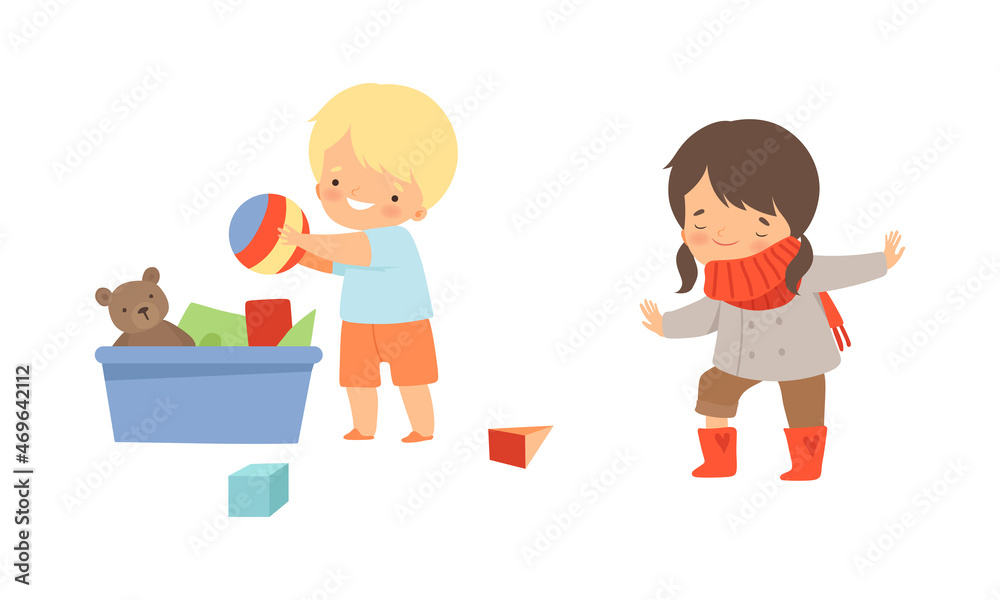 Adorable Kids Collecting Toys in Box and Putting on Boots Vector Set Adorable Kids Collecting Toys in Box and Putting on Boots Vector Set