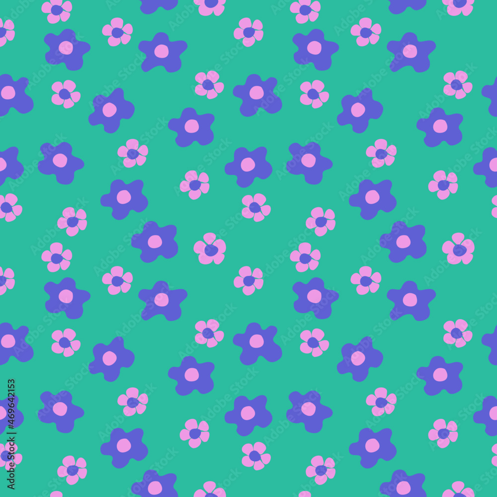 Seamless pattern with flowers. Purple and pink flower seamless on green background.