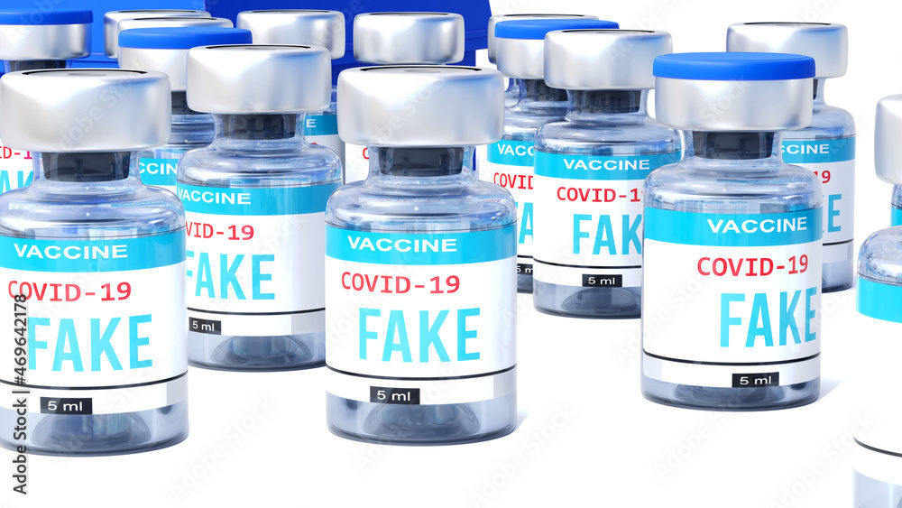 Covid fake - vaccine bottles with an English label Fake that symbolize a big human achievement that may end the fight with the coronavirus pandemic, 3d illustration Covid fake - vaccine bottles with an English label Fake that symbolize a big human achievement that may end the fight with the coronavirus pandemic, 3d illustration
