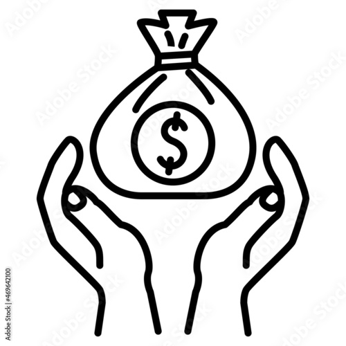 Buying currency, making a profit, secretly transferring cash. The bag of money falls into his hands. A dollar coin in a bag over your hands. Vector icon, outline, isolated.