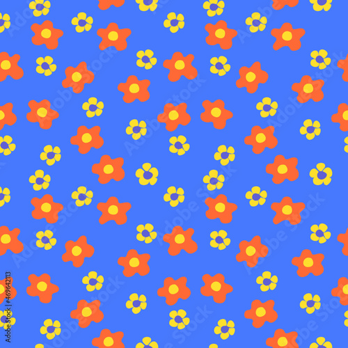 Seamless pattern with flowers. Orange and yellow flower seamless on blue background.