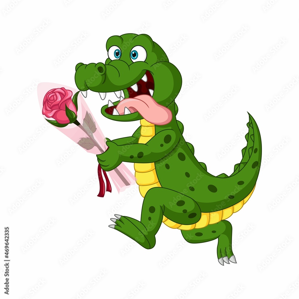 Fototapeta premium Cartoon alligator holding pink flowers