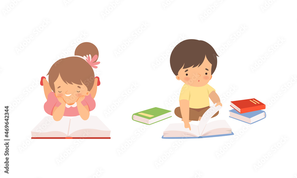 Little Girl and Boy Enjoying Reading Book Vector Set Little Girl and Boy Enjoying Reading Book Vector Set