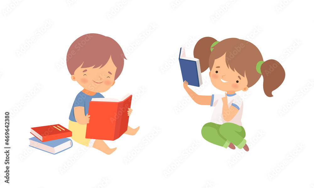 Little Girl and Boy Enjoying Reading Book Vector Set Little Girl and Boy Enjoying Reading Book Vector Set