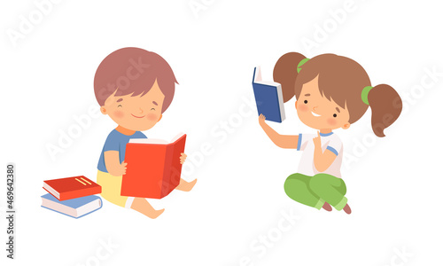 Little Girl and Boy Enjoying Reading Book Vector Set