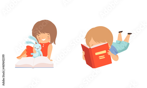 Little Girl and Boy Enjoying Reading Book Vector Set