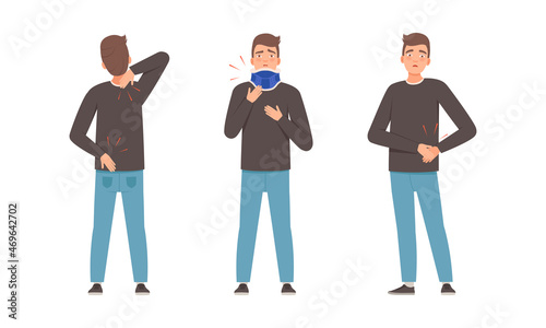 Young Man Suffering from Different Pain Feeling Stitch in Side and Backache Vector Set
