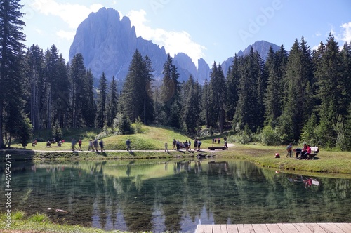 Monte Pana Lake with the Sassolungo in background. South Tyrol  Italy