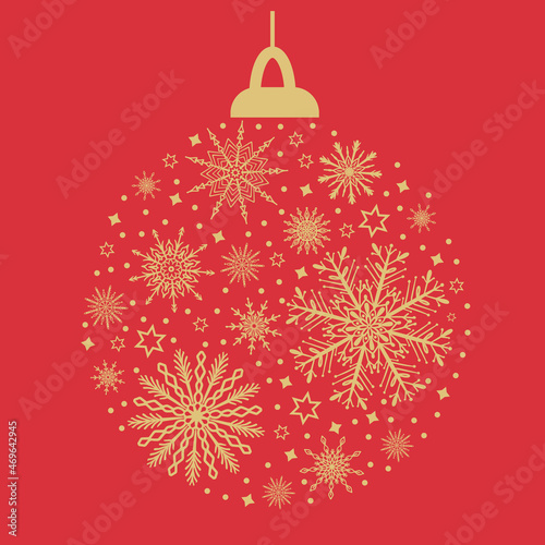 Christmas ball bauble, decoration bulb bubble silhouette with golden snowflakes and snow on red background. Cute New Year, winter holiday clip art, design element for greeting card, invitation, banner