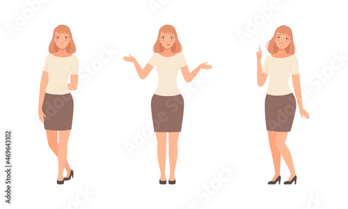 Young Woman Expressing Different Emotion Happy Smiling and Shrugging Shoulders Vector Set