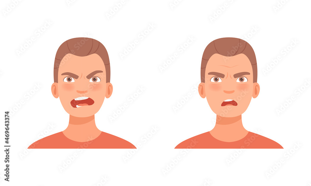 Man Head with Frowning Eyebrows as Facial Expression Vector Set Man Head with Frowning Eyebrows as Facial Expression Vector Set