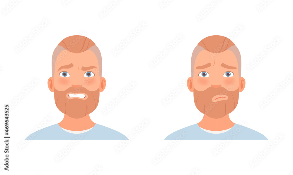 Bearded Man Head with Grin and Sadness as Facial Expression Vector Set