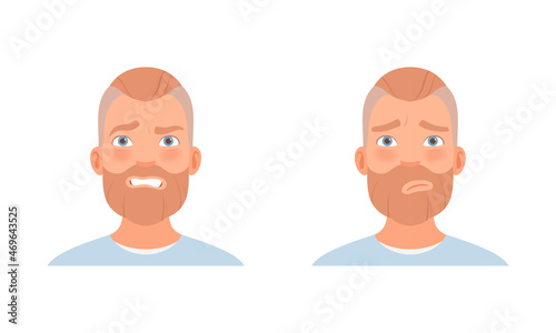 Bearded Man Head with Grin and Sadness as Facial Expression Vector Set