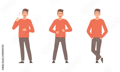 Young Man Expressing Different Emotion Laughing and Clenching Fist in Anger Vector Set