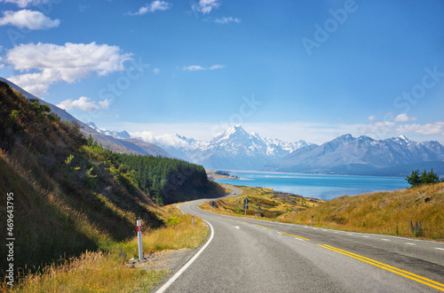 Majestic view of the road to leading to famous Mount Cook in New Zealand. New Zealand adventure.