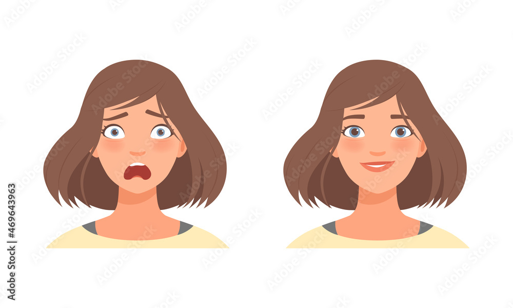 Woman Head with Short Hairstyle Gasping with Fear and Smiling as Facial Expression Vector Set Woman Head with Short Hairstyle Gasping with Fear and Smiling as Facial Expression Vector Set