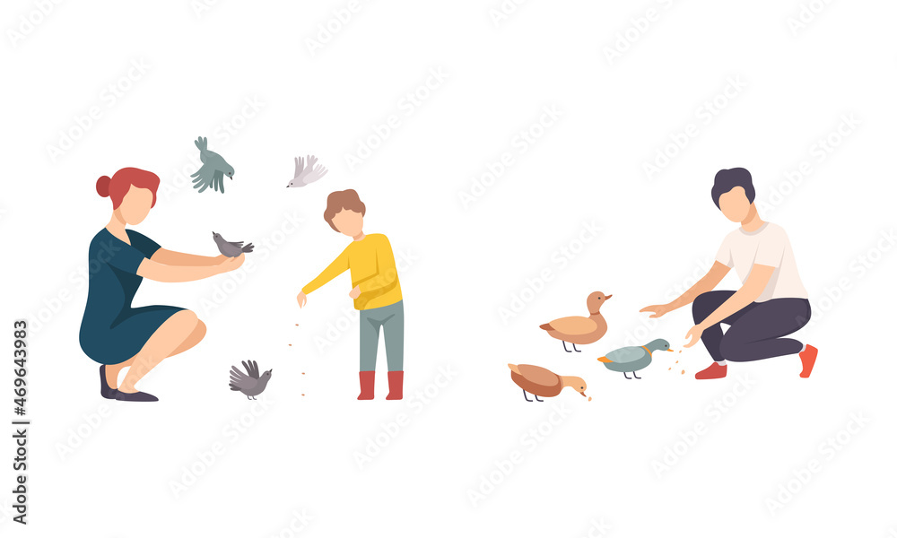 People Character Feeding Birds with Crumbs Walking in the Park Vector Set