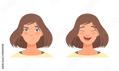 Woman Head with Short Hairstyle with Suspicious and Laughing Facial Expression Vector Set