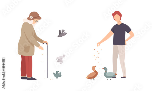 Senior Woman and Man Character Feeding Birds with Crumbs Walking in the Park Vector Set
