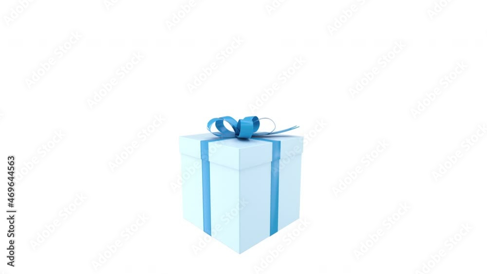 Christmas pastel blue gift box with blue ribbon opening and closed animation. Seamless loop video. Open box looped from 1s to 4s. Alpha channel. 3D rendering box.