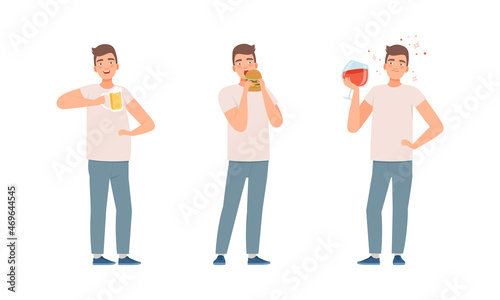 Young Man Having Bad Habits Drinking Alcohol and Eating Hamburger Vector Set