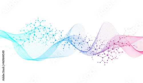Molecular abstract structure and genetic engineering, healthcare and medicine background. Scientific research background. Wave flow, innovation pattern. Vector illustration.