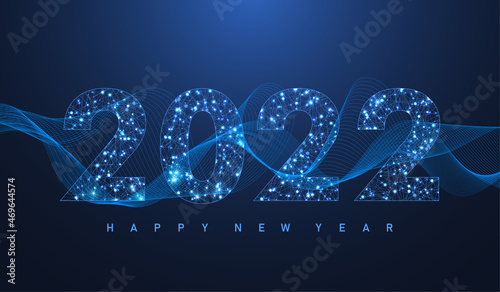 Modern futuristic technology template for Merry Christmas and Happy New Year 2022 with connected lines and dots. Plexus geometric effect. Global network connection. Vector illustration.