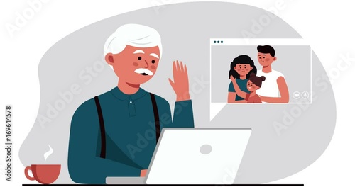 Animated Grandfather chatting with family on a laptop