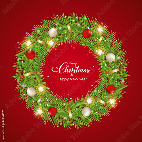 Christmas door decoration elements with a luxurious green wreath with the red and white color ball. 3D wreath design with snowflake and ribbon. Realistic 3D wreath design with calligraphy.