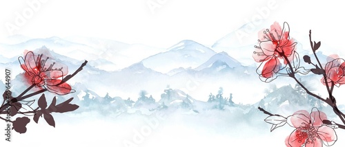 Watercolor pink sakura flowers, blossom, branches. Blue mountains, hills, wood.