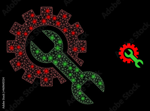 Glossy polygonal mesh net setup tools icon with glare effect on a black background. Constellation setup tools iconic vector with glowing dots in magic colors.