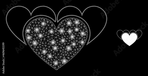 Glossy polygonal mesh net love hearts icon with glow effect on a black background. Carcass love hearts iconic vector with glamour points in bright colors.