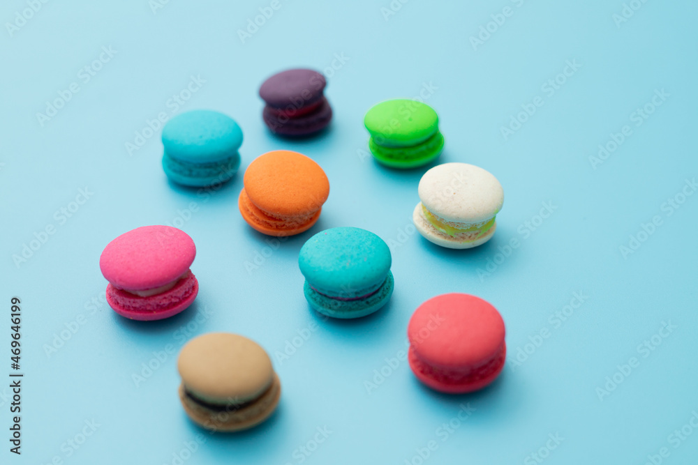 macarons on a turquoise background Pastel Almond Cookies, Vintage

