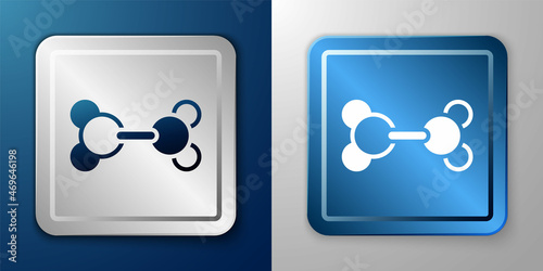White Molecule icon isolated on blue and grey background. Structure of molecules in chemistry, science teachers innovative educational poster. Silver and blue square button. Vector