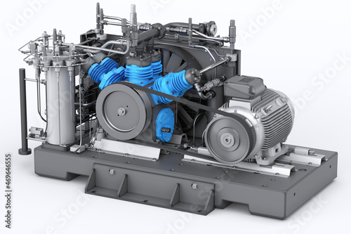 High pressure industrial compressor with electric motor, belt drive, cylinder block and pipes. 3D rendering
