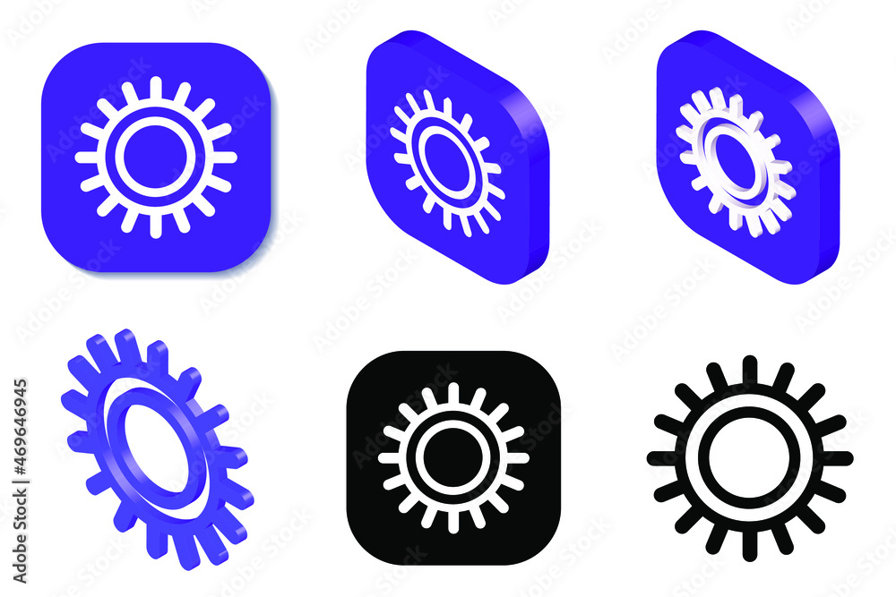Gear icon set. Gear symbol set flat and isometric, 3D rendering in black and white, blue colors. Mechanic engine icons illustrations. Gear icon set. Gear symbol set flat and isometric, 3D rendering in black and white, blue colors. Mechanic engine icons illustrations.