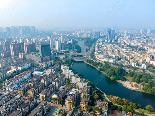 Aerial photography of Chizhou city architecture landscape in China © 昊 周