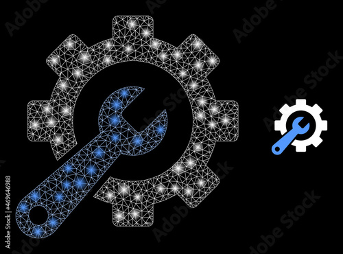 Glossy polygonal mesh net service tools icon with glow effect on a black background. Network service tools iconic vector with glamour points in magic colors.