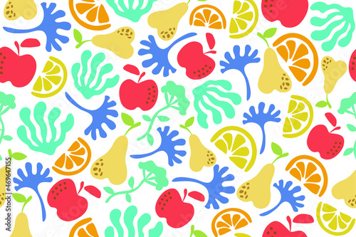 Fruits and branches seamless pattern. Lemons, oranges, apples, pears and colorful branches repeating pattern.
