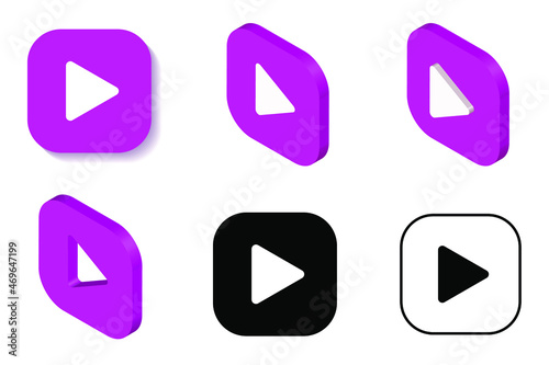 Play icon isometric, 3D rendering.  Triangle play icon black, white and purple colors. Flat and isometric symbols