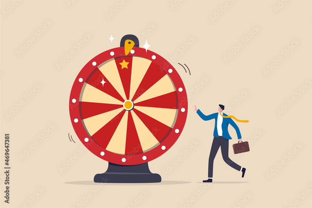 Life depend on luck, fortune wheel randomness, chance and opportunity to get new job, investment winning or gambling concept, excite businessman looking at spinning fortune wheel waiting for luck. - obrazy, fototapety, plakaty 