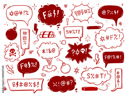Swear word speech bubble set. Curse, rude, swear word for angry, bad, negative expression. Hand drawn doodle sketch style. Vector illustration.