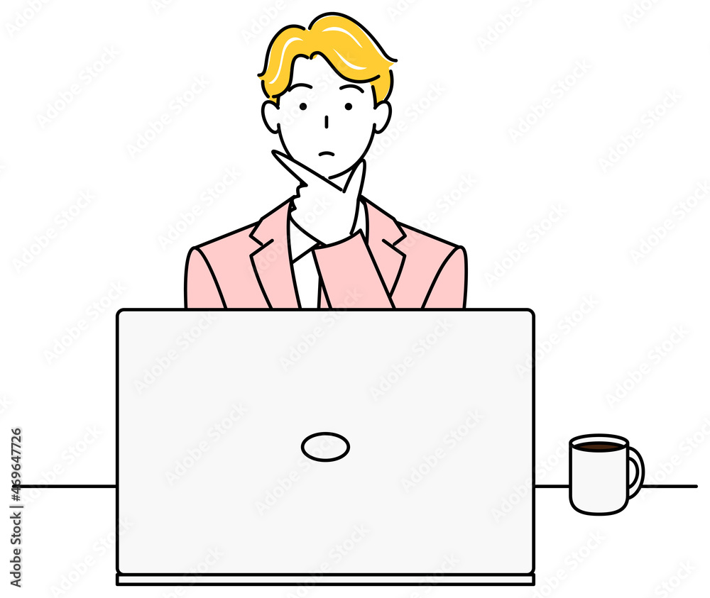パソコンの前に座り策を考えているスーツ姿の可愛い男性 イラスト ベクター パソコンの前に座り策を考えているスーツ姿の可愛い男性 イラスト ベクター