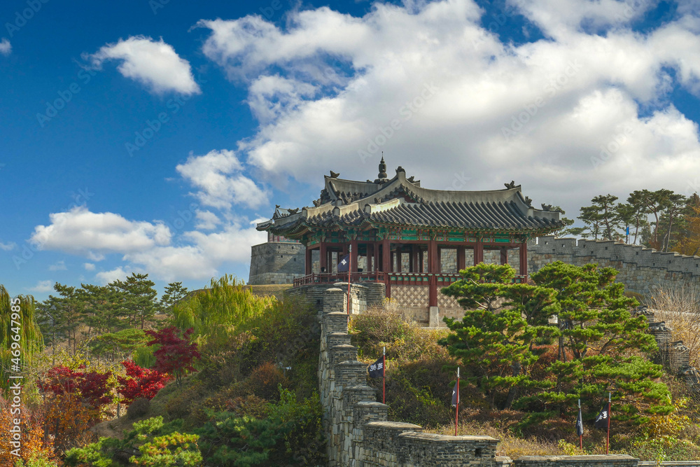 North-East Pavilion and guntower, was completed on October 19, 1794. It performs two important functions as a command post and pavilion of Suwon Hwaseong Fortress , Kyeonggide, Korea	