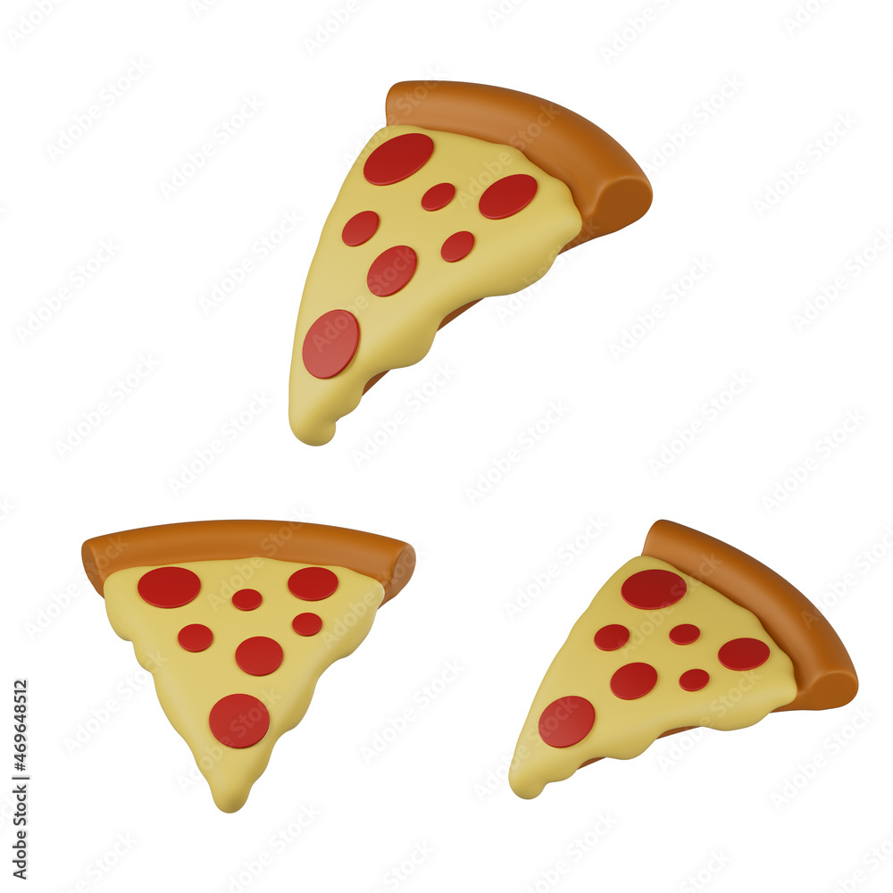 Pizza slice cartoon style on white background. 3d render with three poses front, isometric, random. Isolated white background. 
