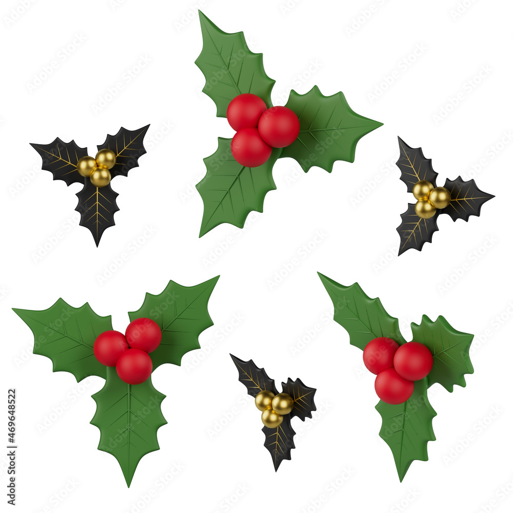 3d Mistletoe. Christmas decoration. 3d render with three poses front, isometric, random. Isolated white background. 3d Mistletoe. Christmas decoration. 3d render with three poses front, isometric, random. Isolated white background.