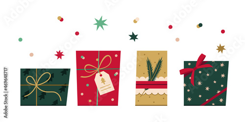 Set of vector gift boxes in flat style. Christmas stylish set of presents, bows, stars and confetti. New Year presents. View from above on gift boxes.