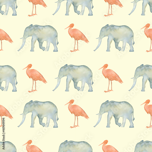 Colorful seamless pattern with elephant and heron. Backgrounds and wallpapers for invitations, cards, fabrics, packaging, textiles, posters. Watercolor illustration. 