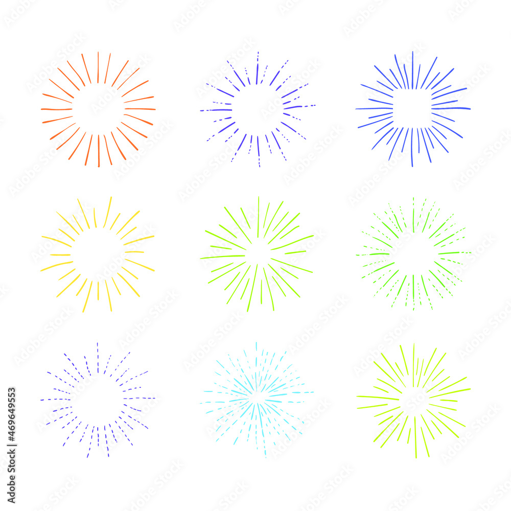 Vector Colored Circle Retro Style Fireworks Isolated on White Background, Hand Drawn Colorful Illustrations.